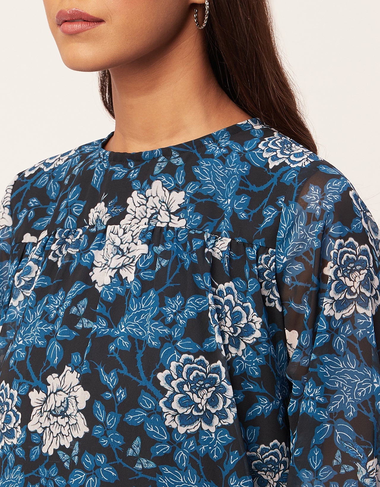 Printed Chiffon Dress, Puffed Rust