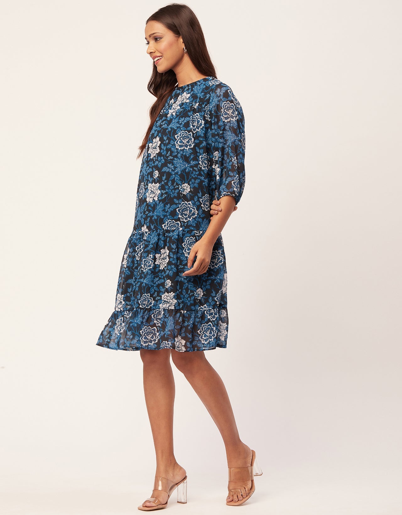 Printed Chiffon Dress, Puffed Rust