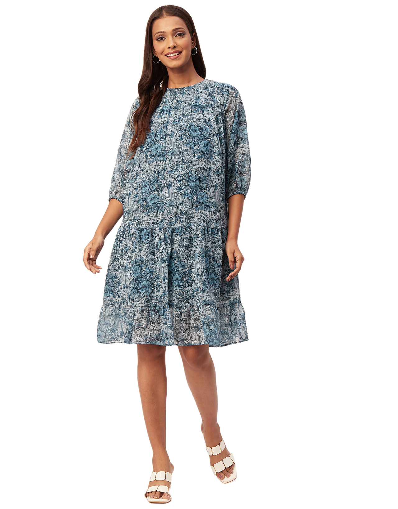 Printed Chiffon Dress, Puffed Rust