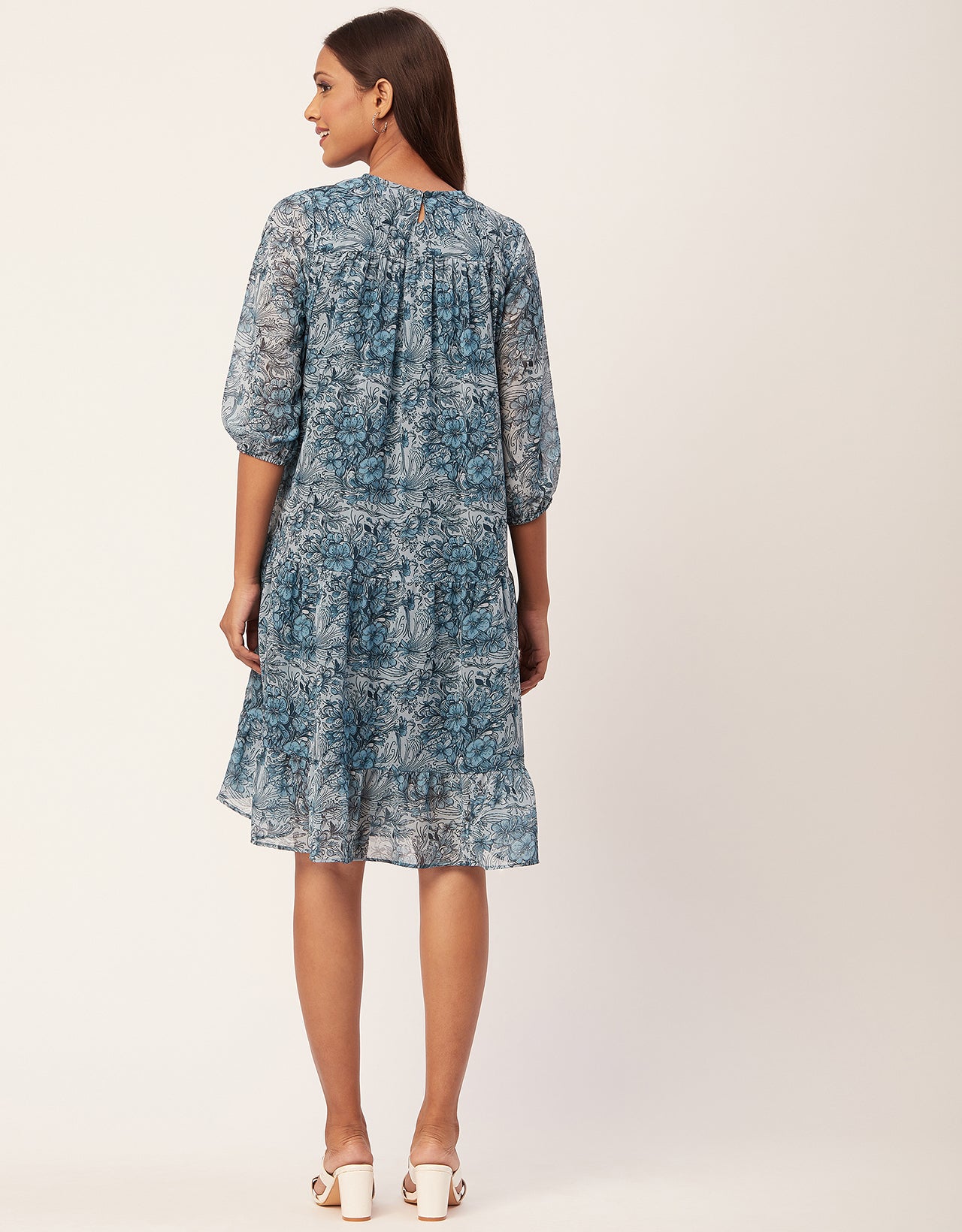 Printed Chiffon Dress, Puffed Rust
