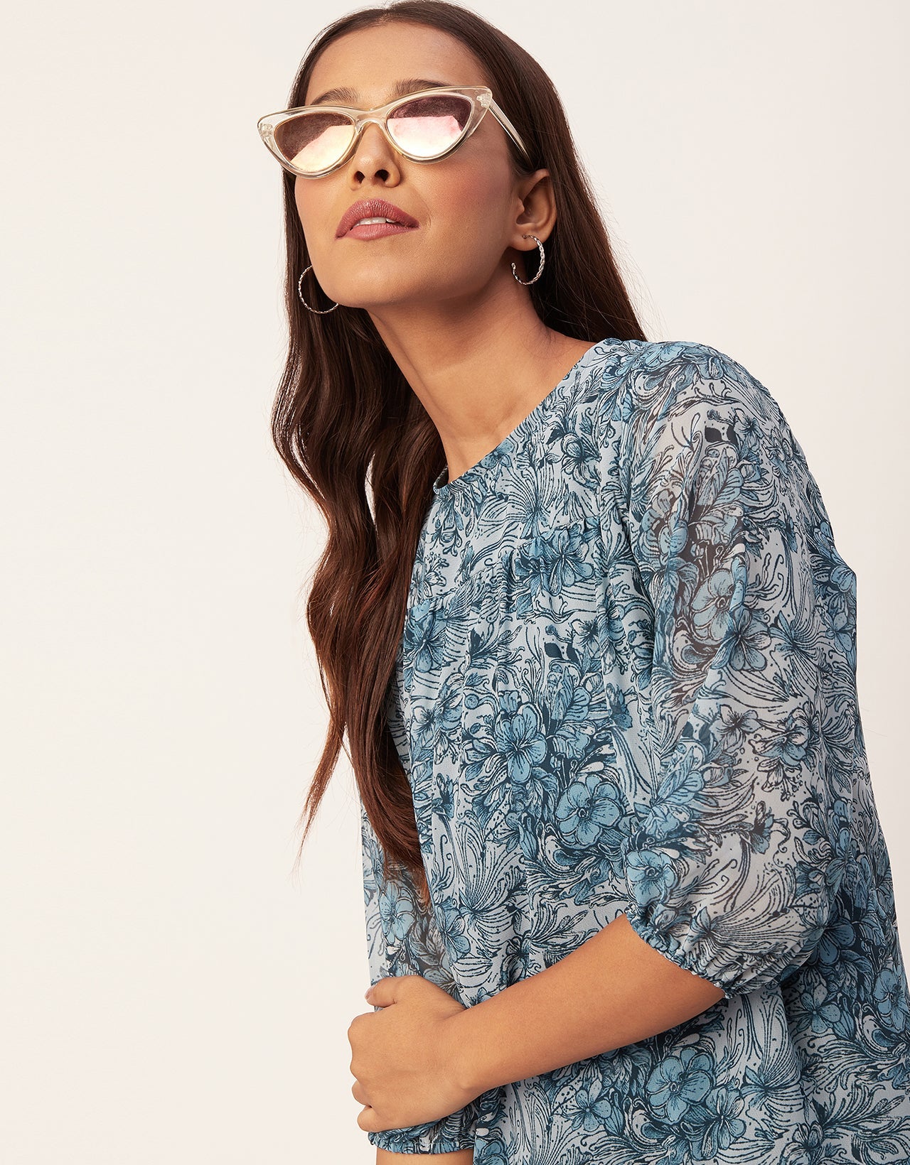 Printed Chiffon Dress, Puffed Rust