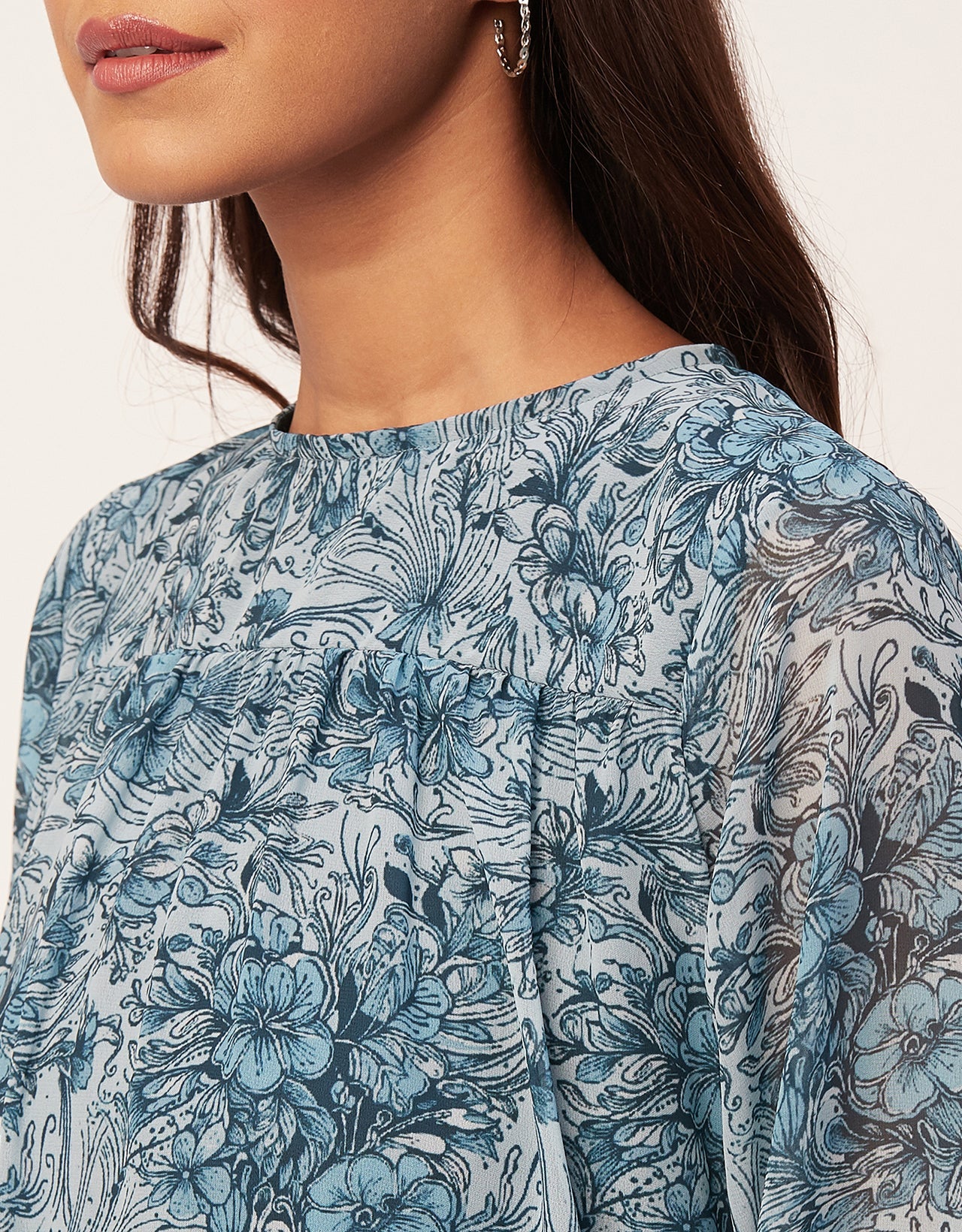Printed Chiffon Dress, Puffed Rust