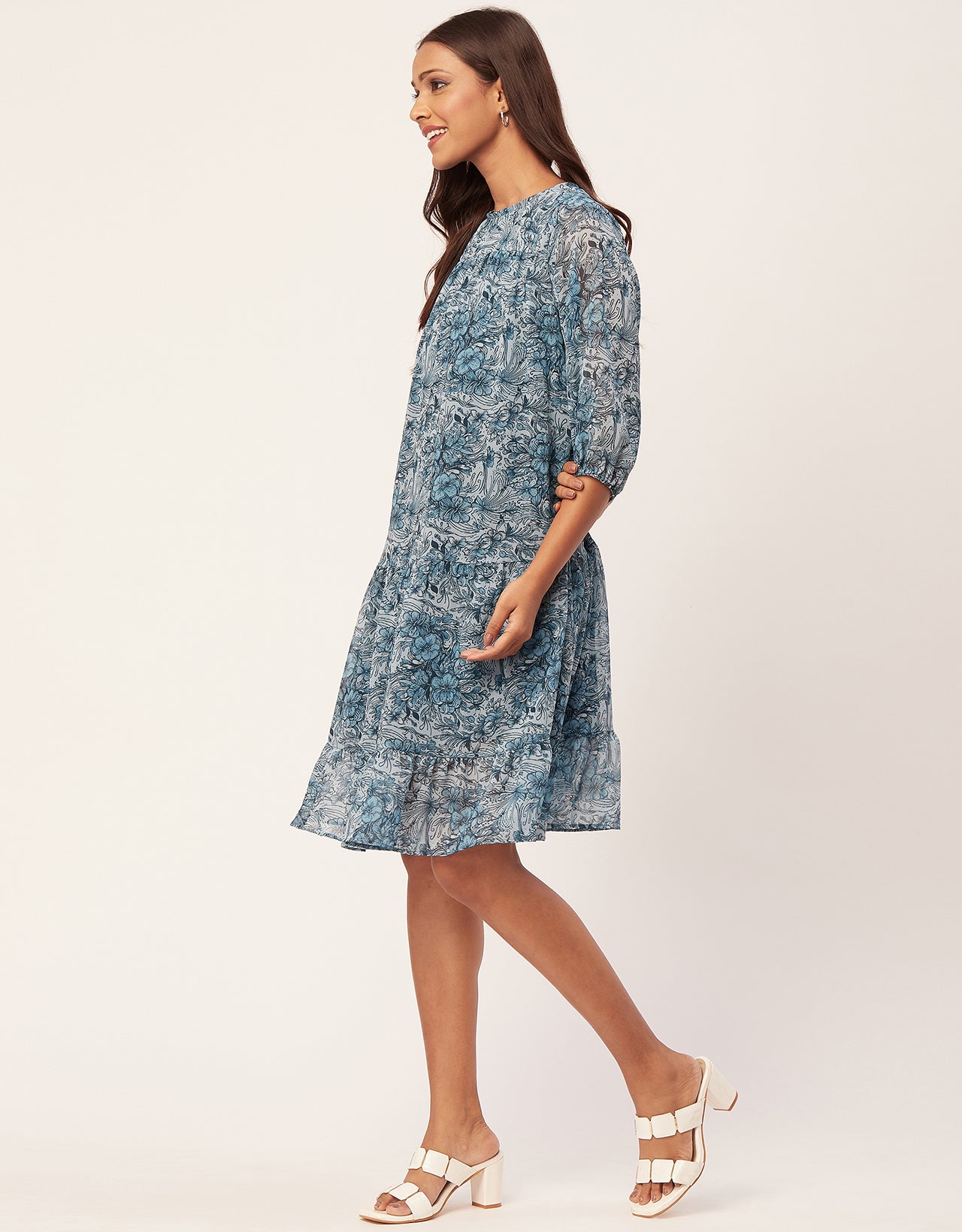 Printed Chiffon Dress, Puffed Rust