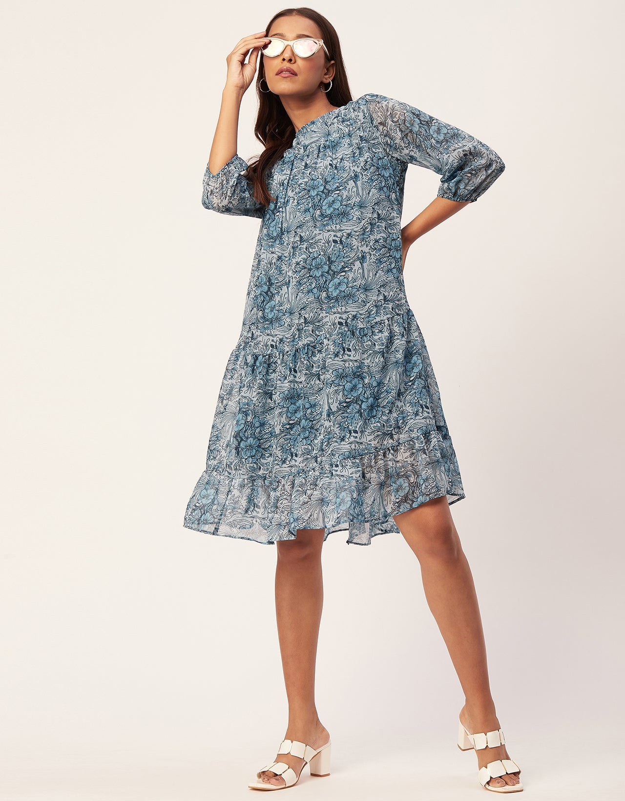 Printed Chiffon Dress, Puffed Rust