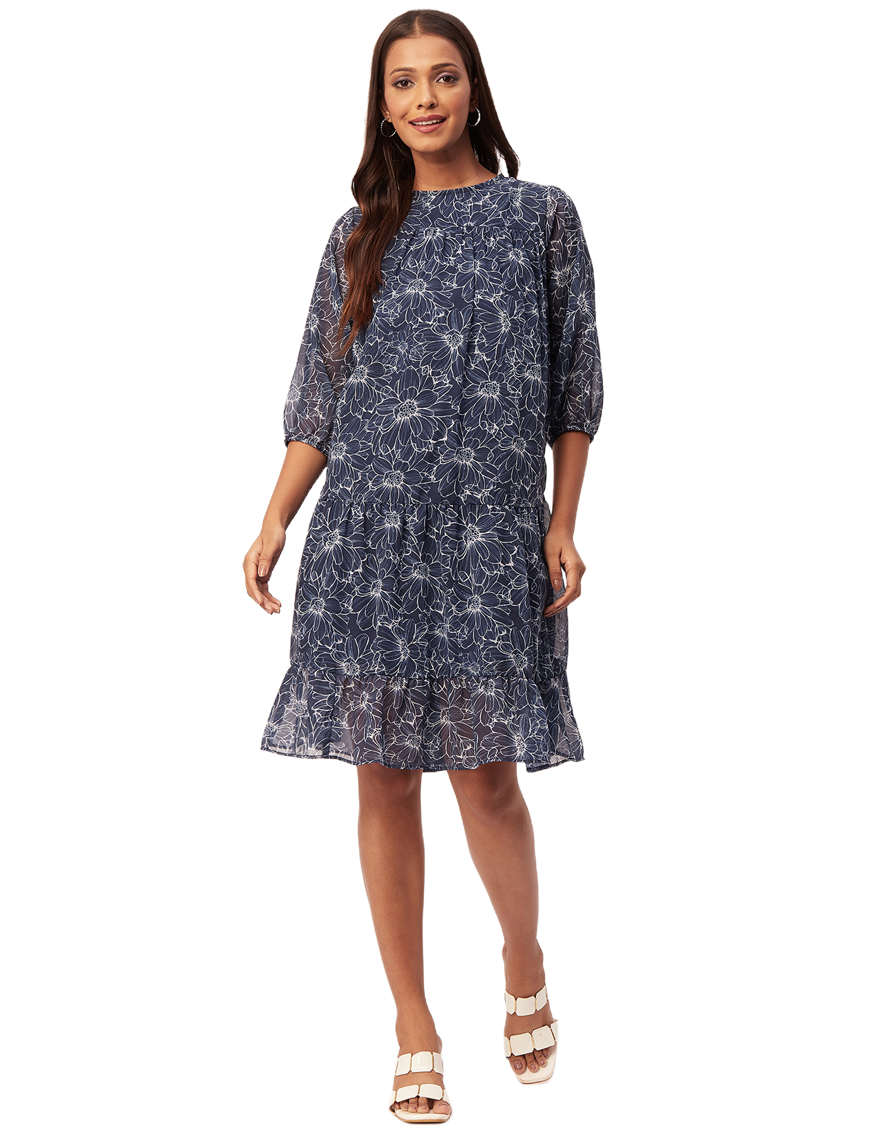 Printed Chiffon Dress, Puffed Rust