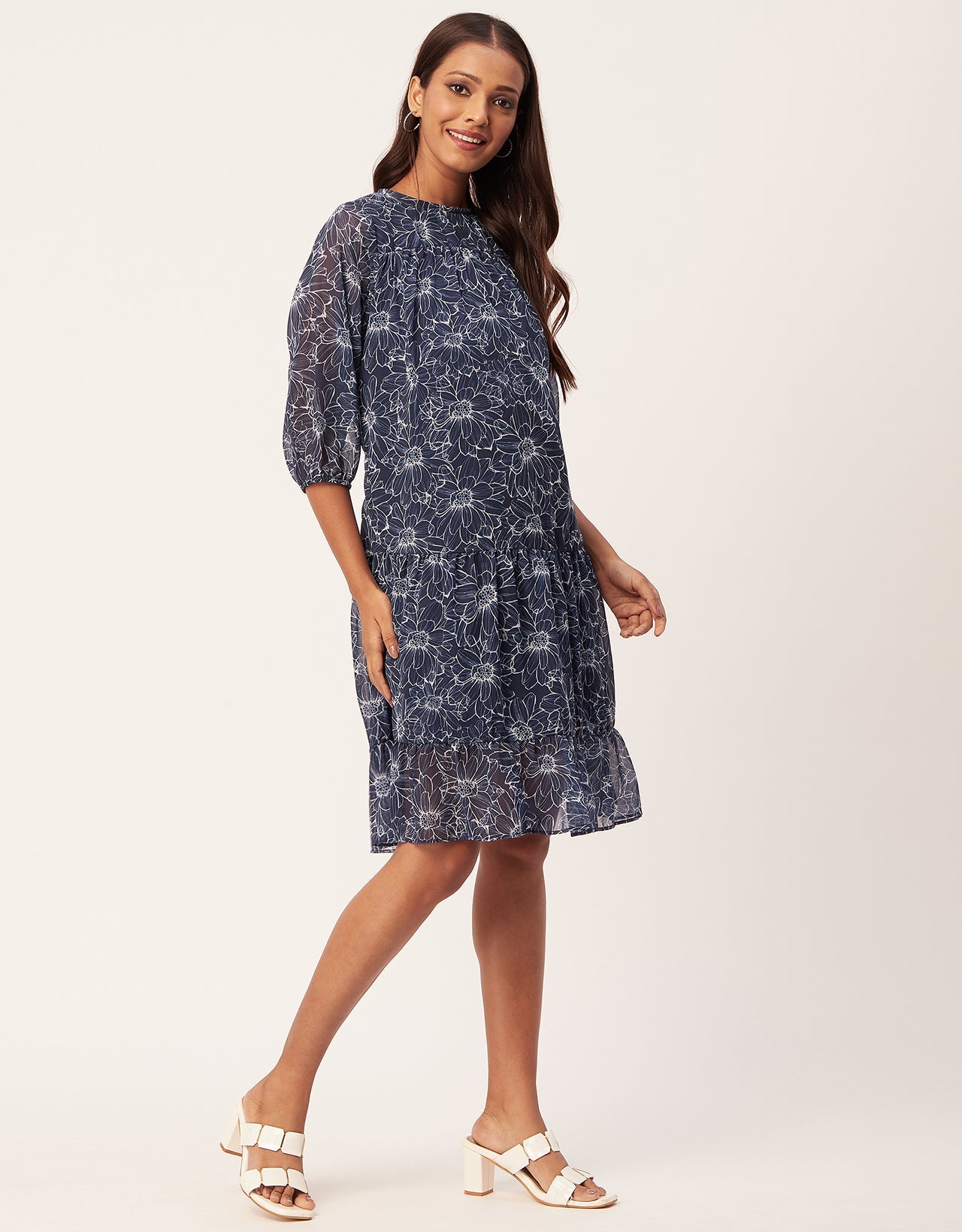 Printed Chiffon Dress, Puffed Rust
