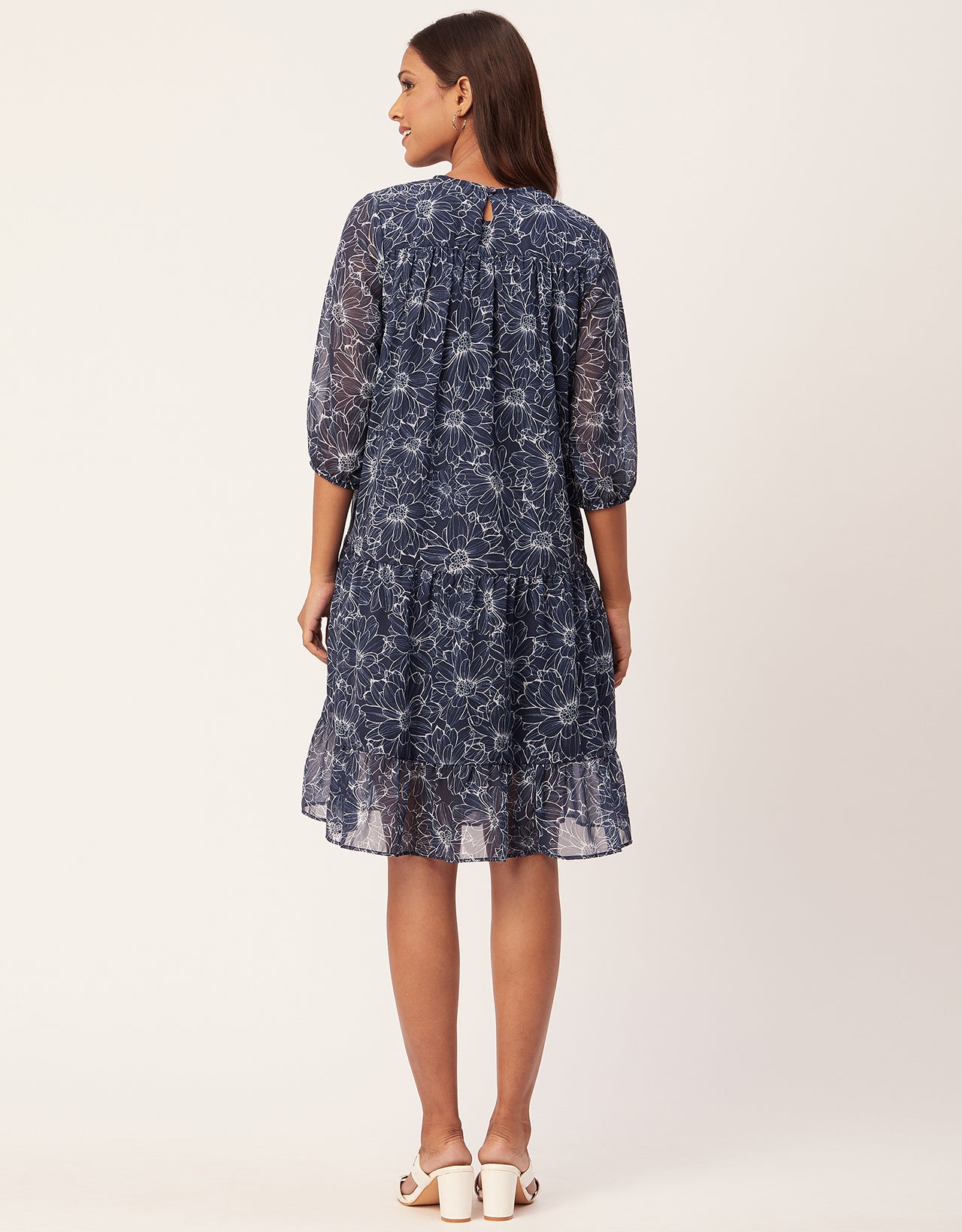 Printed Chiffon Dress, Puffed Rust