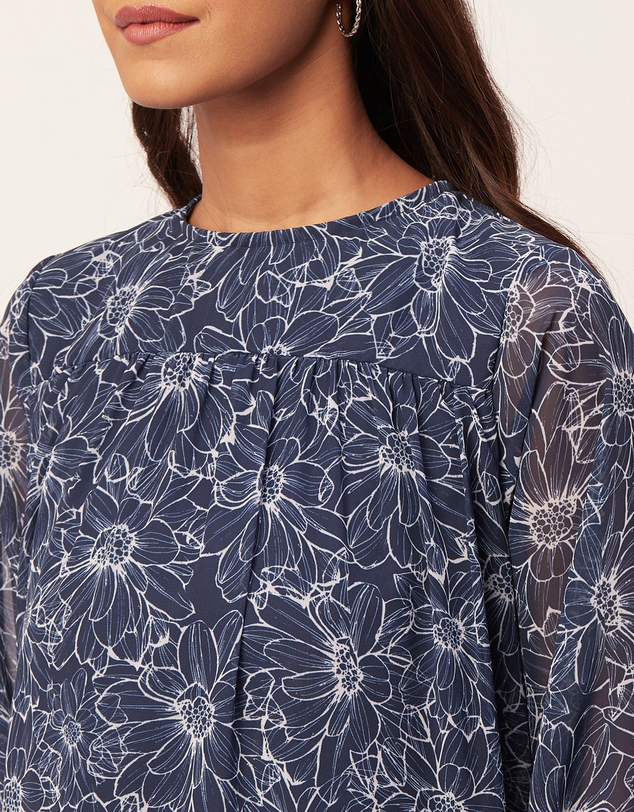 Printed Chiffon Dress, Puffed Rust