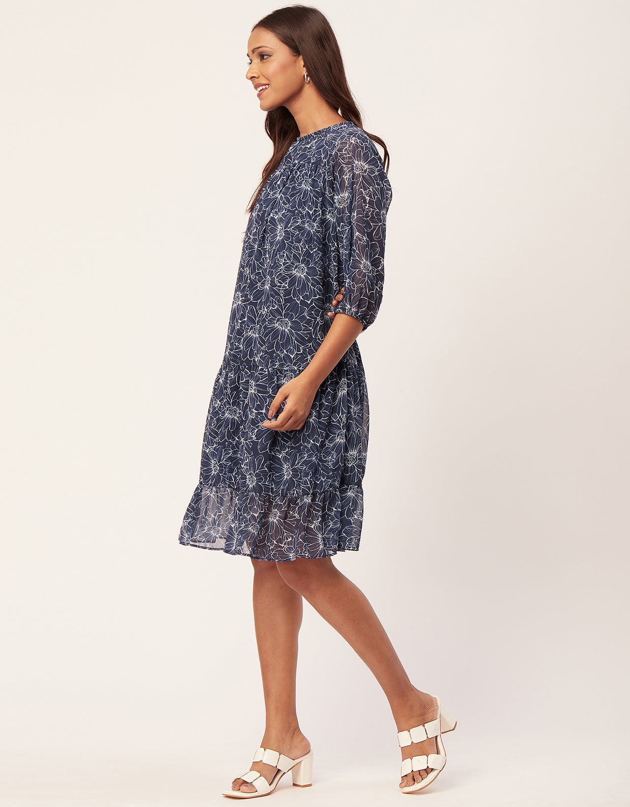 Printed Chiffon Dress, Puffed Rust