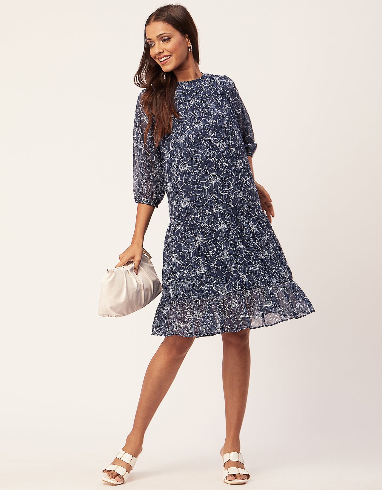 Printed Chiffon Dress, Puffed Rust