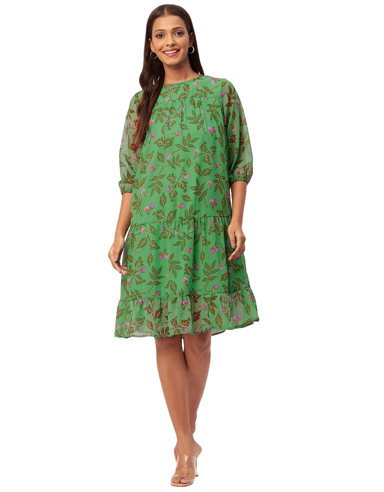 Printed Chiffon Dress, Puffed Rust