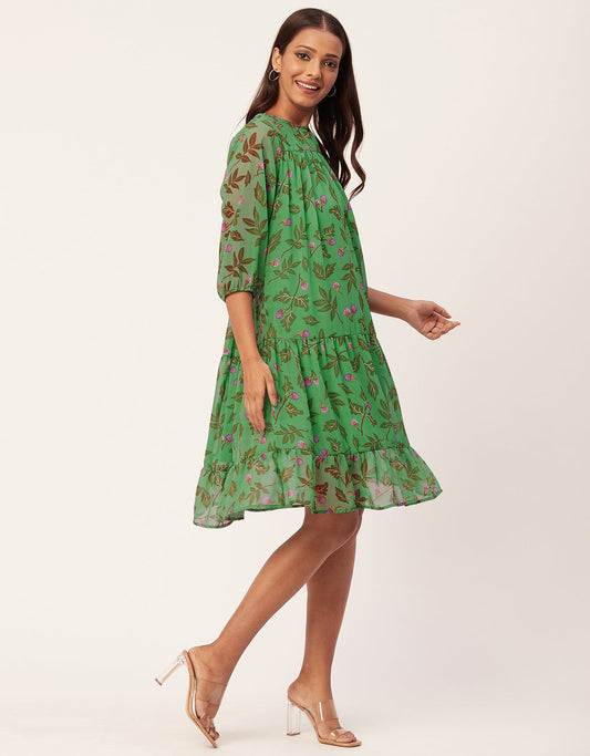 Printed Chiffon Dress, Puffed Rust