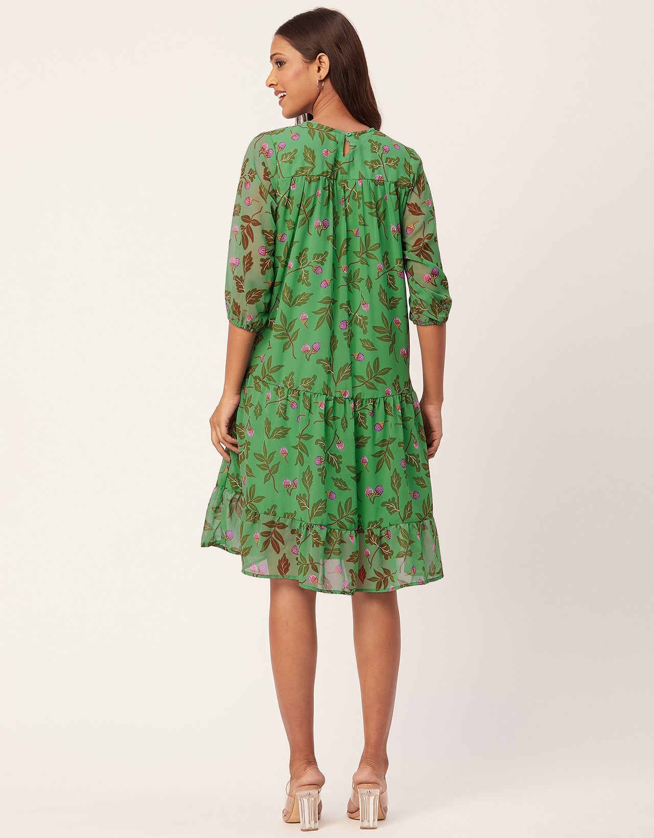 Printed Chiffon Dress, Puffed Rust
