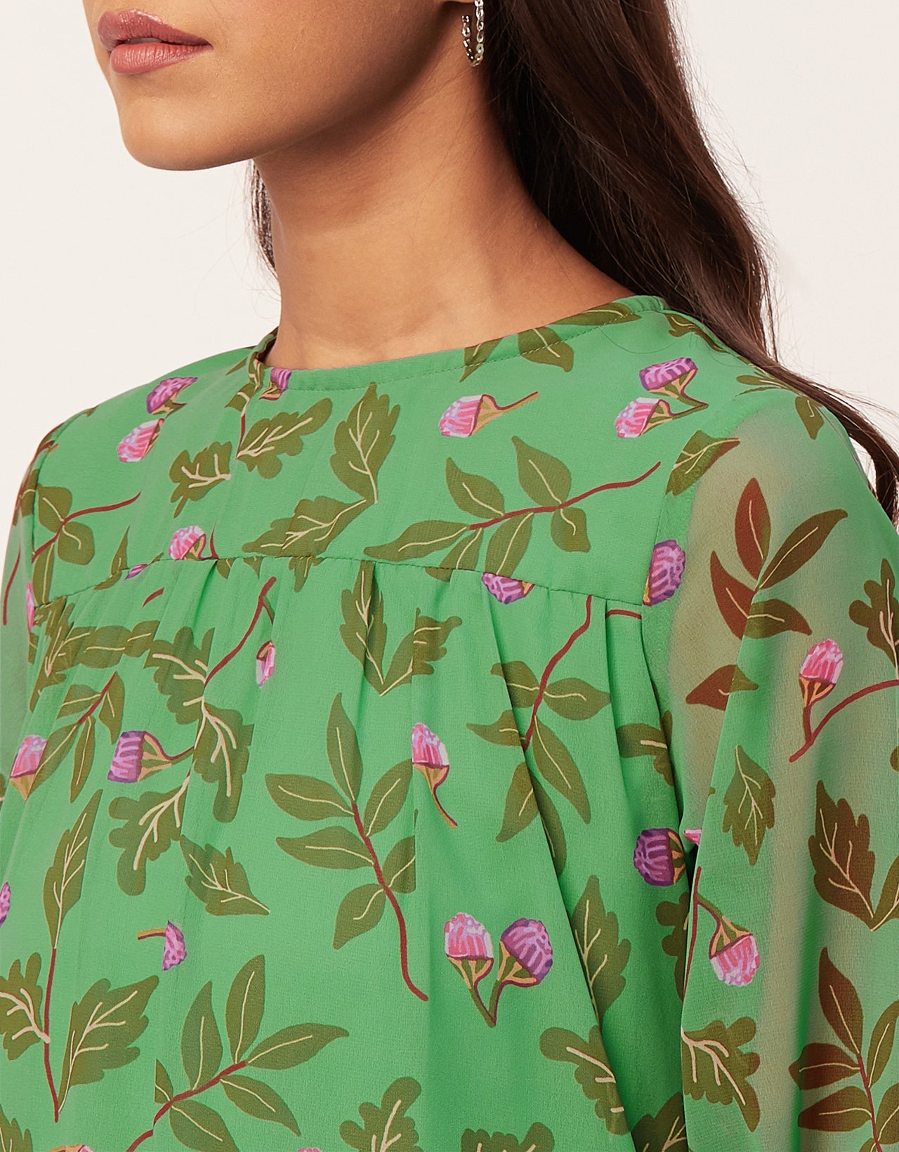 Printed Chiffon Dress, Puffed Rust