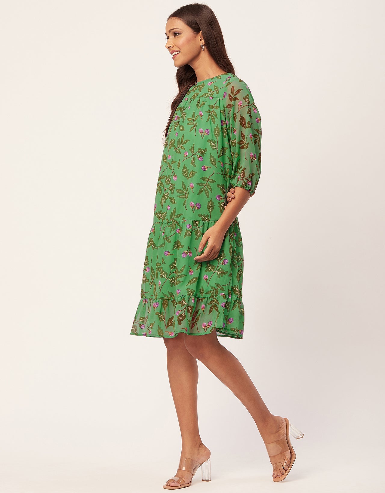 Printed Chiffon Dress, Puffed Rust