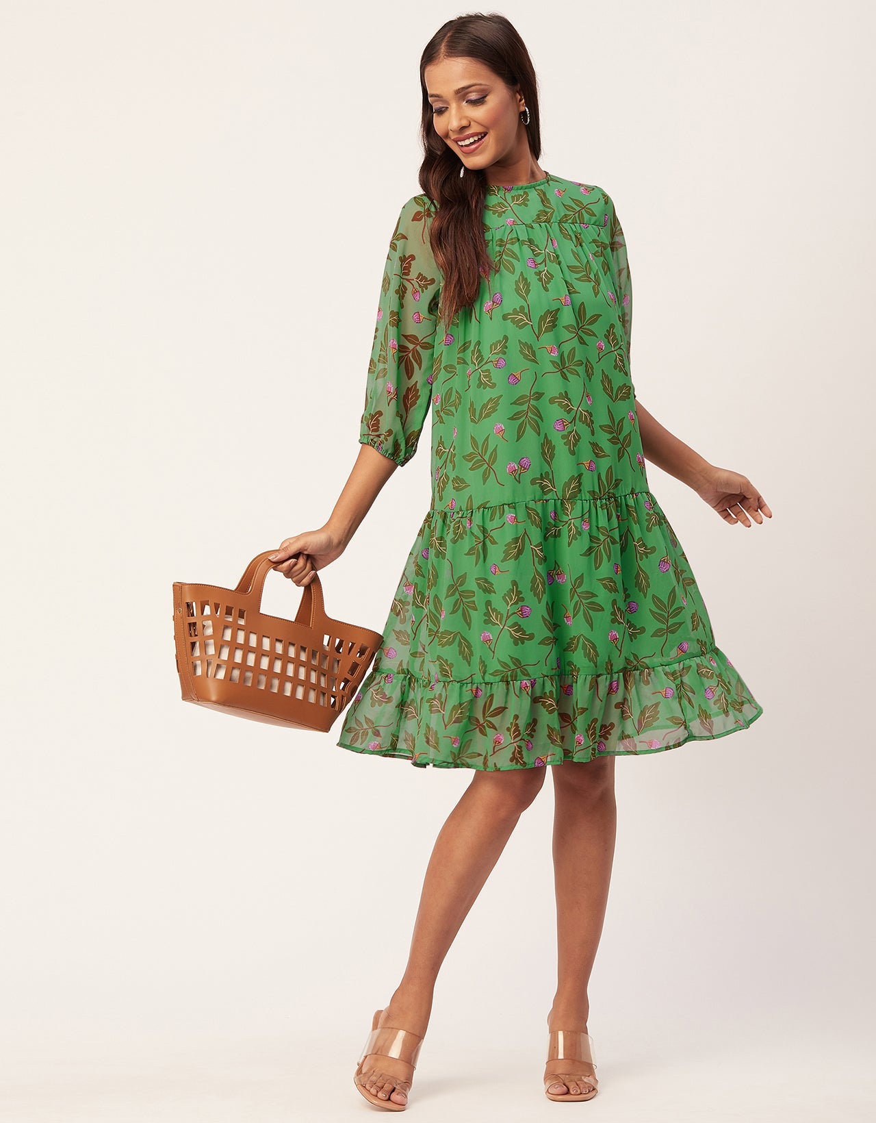 Printed Chiffon Dress, Puffed Rust