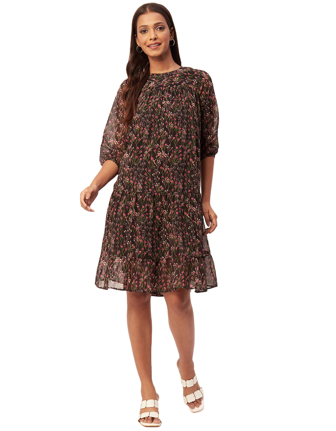 Printed Chiffon Dress, Puffed Rust