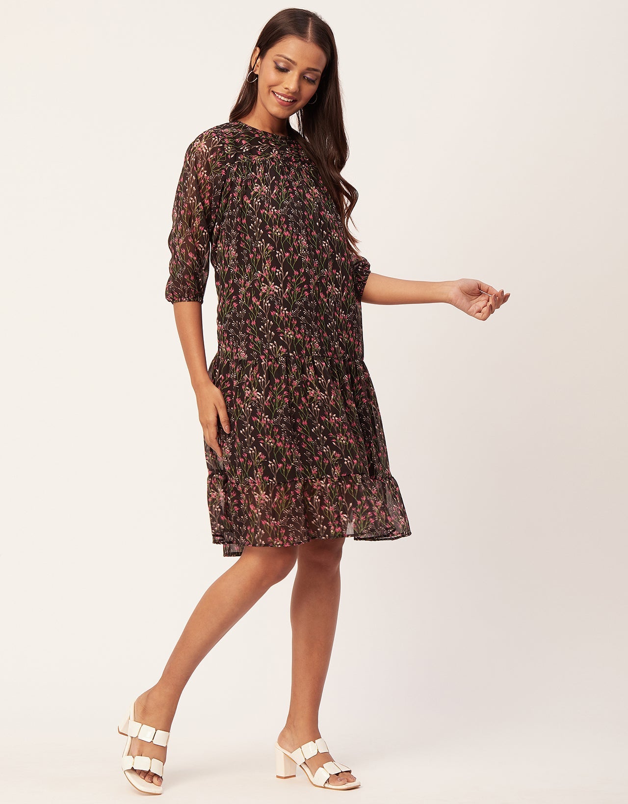 Printed Chiffon Dress, Puffed Rust