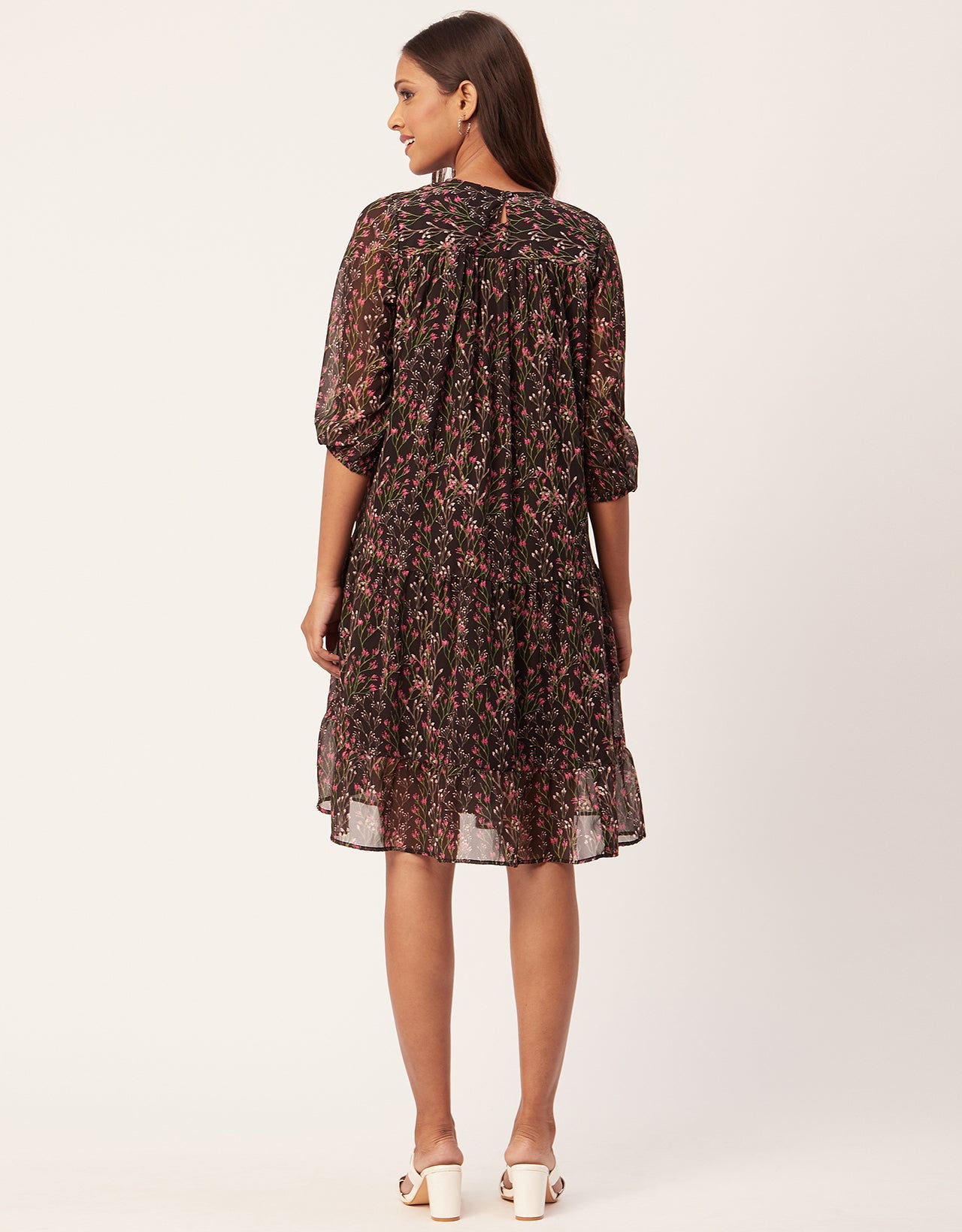 Printed Chiffon Dress, Puffed Rust