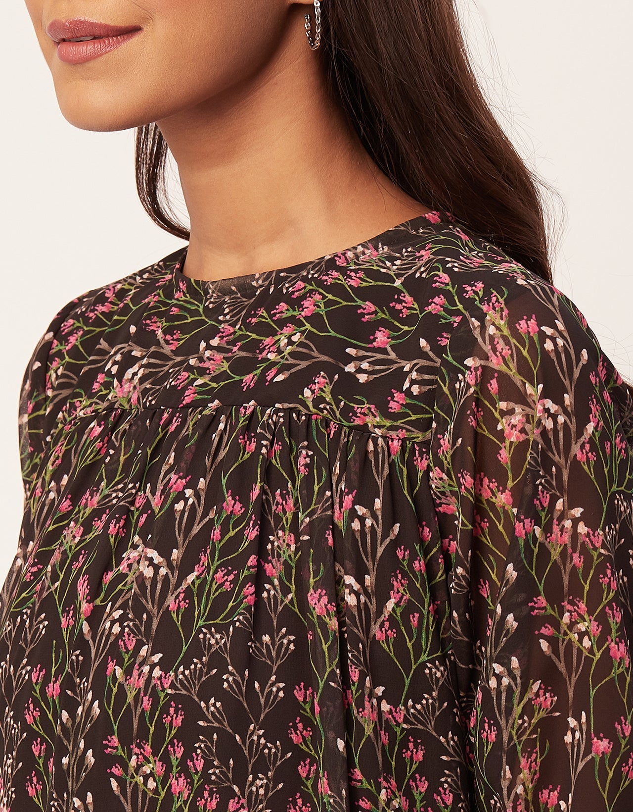 Printed Chiffon Dress, Puffed Rust