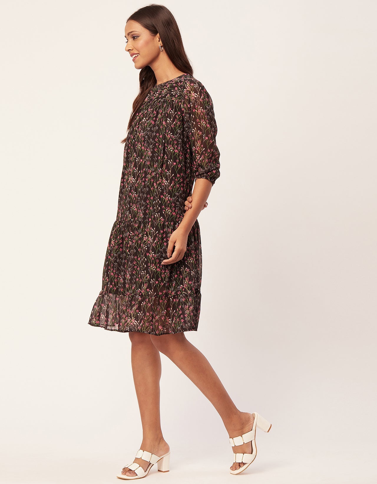 Printed Chiffon Dress, Puffed Rust