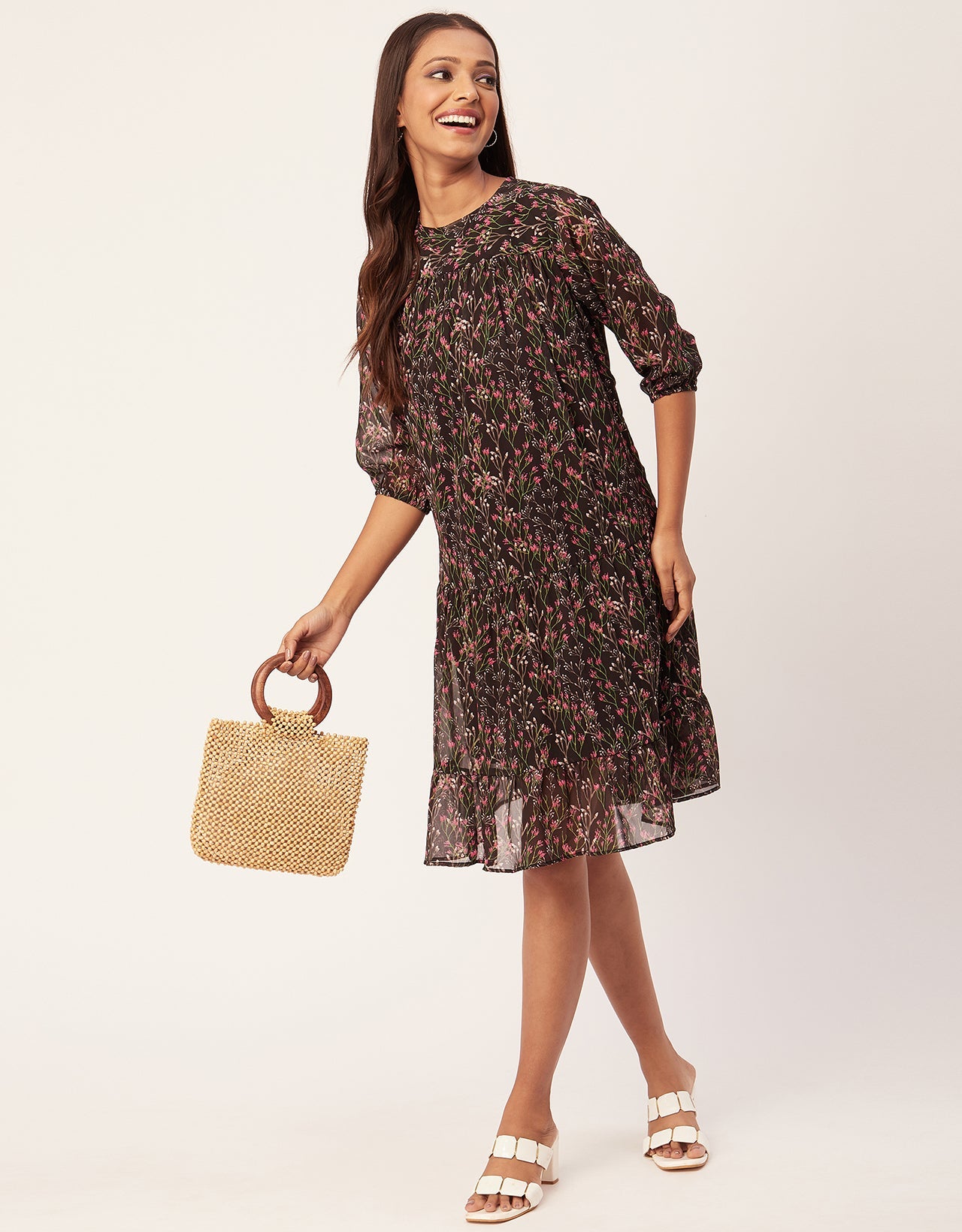 Printed Chiffon Dress, Puffed Rust