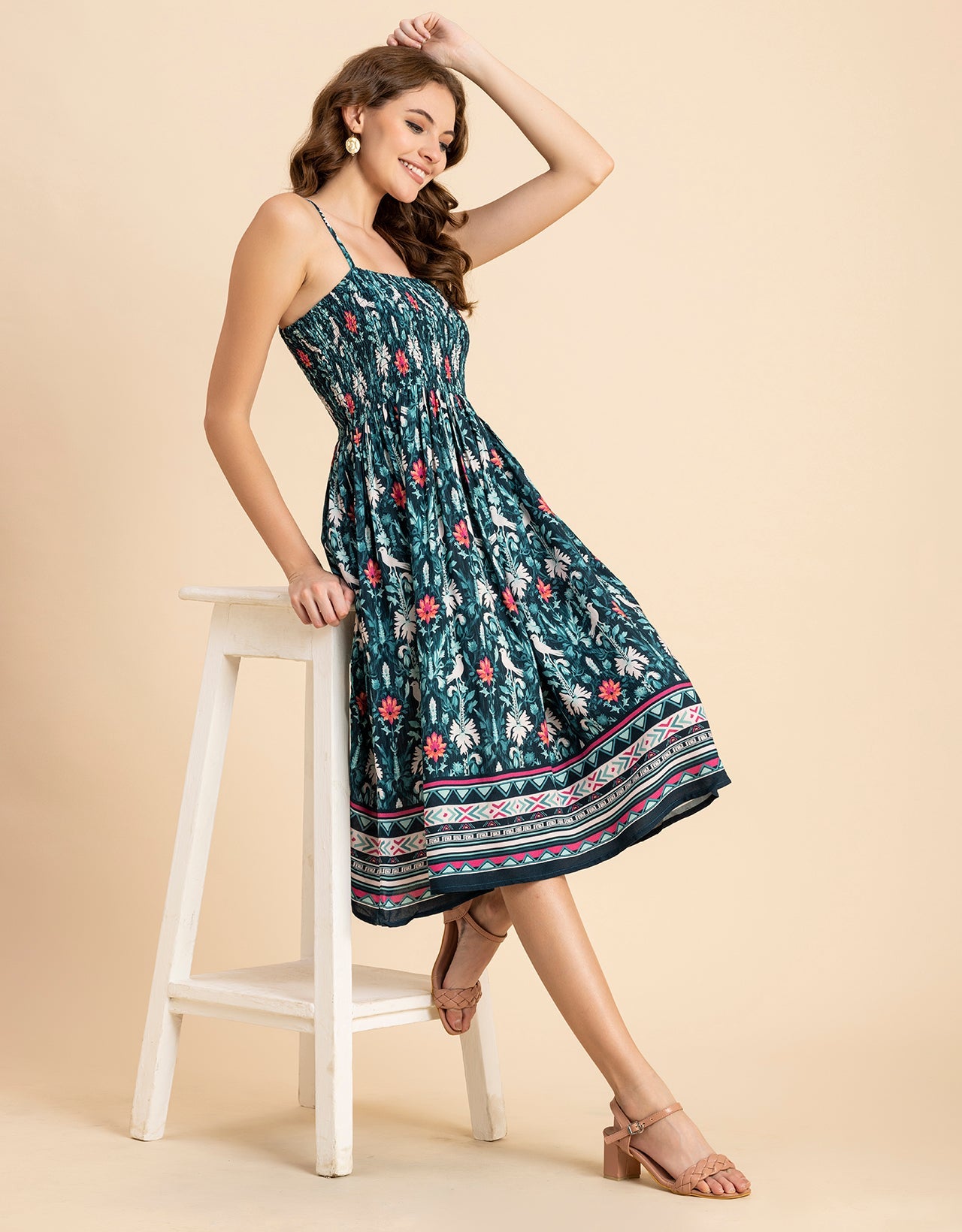 Printed Smocked Dress, Spaghetti