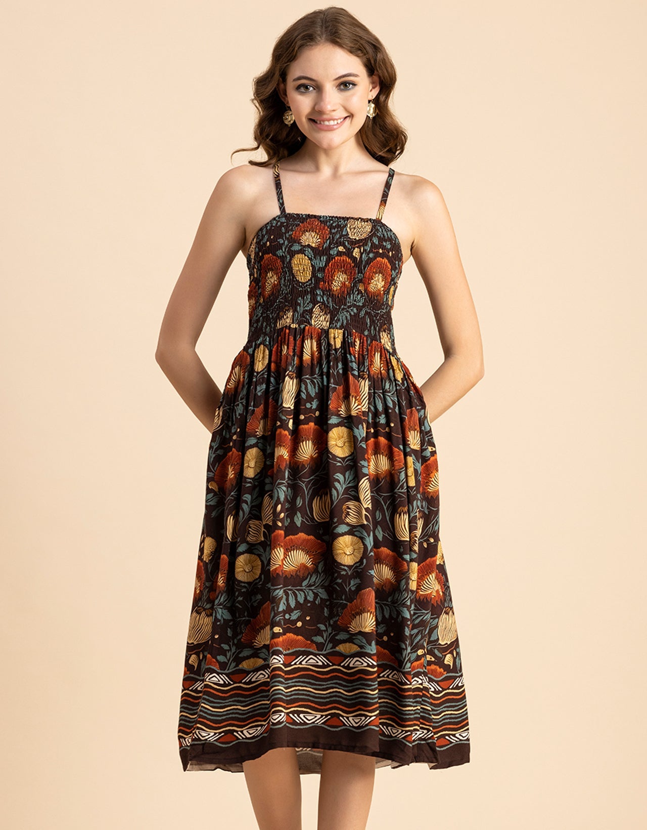 Printed Smocked Dress, Spaghetti