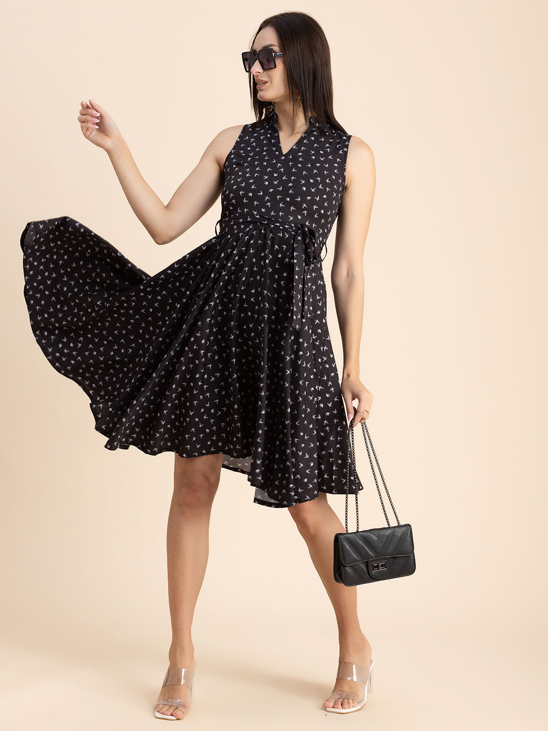 V Neck Printed Dress, Knee
