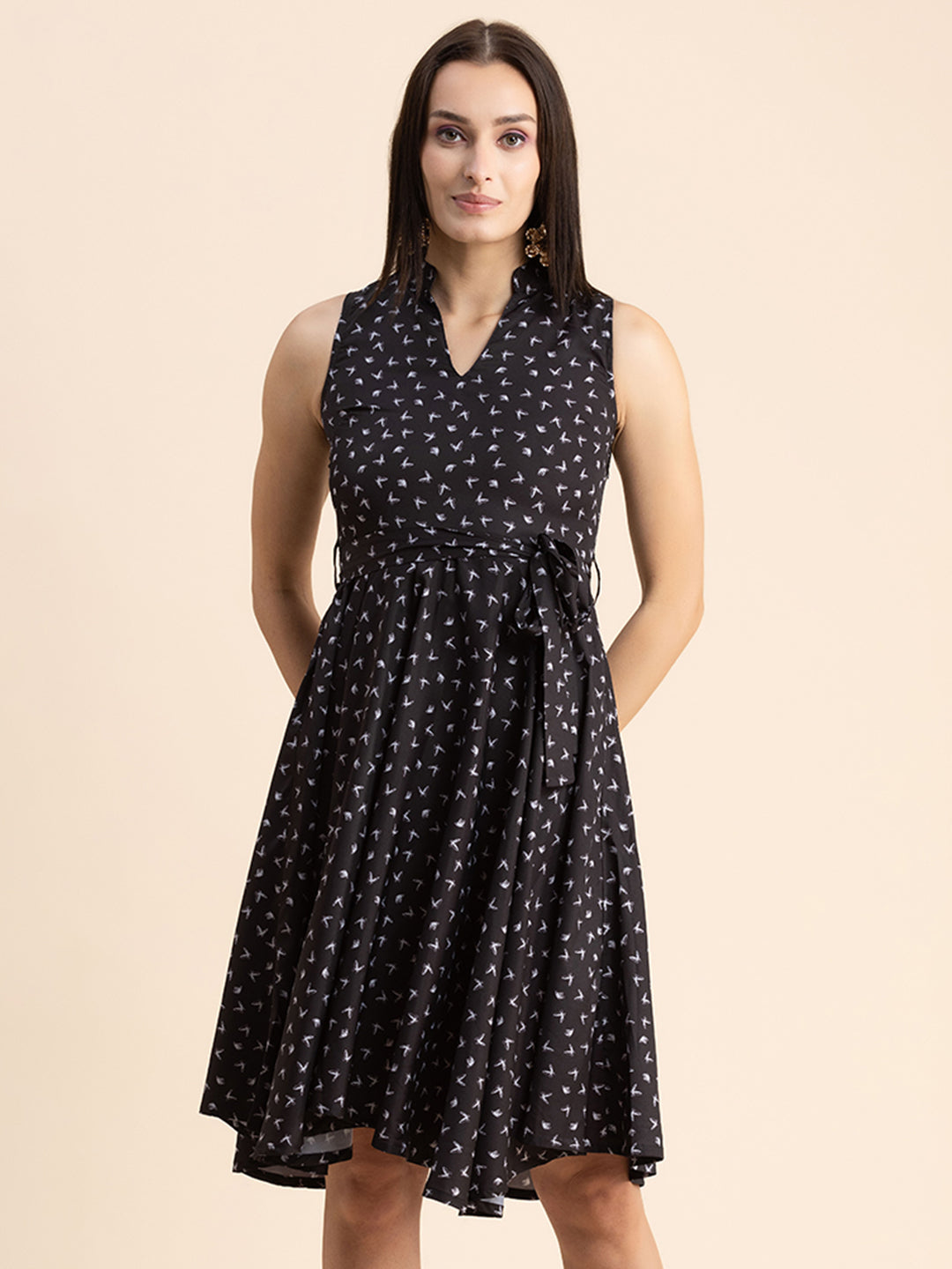 V Neck Printed Dress, Knee