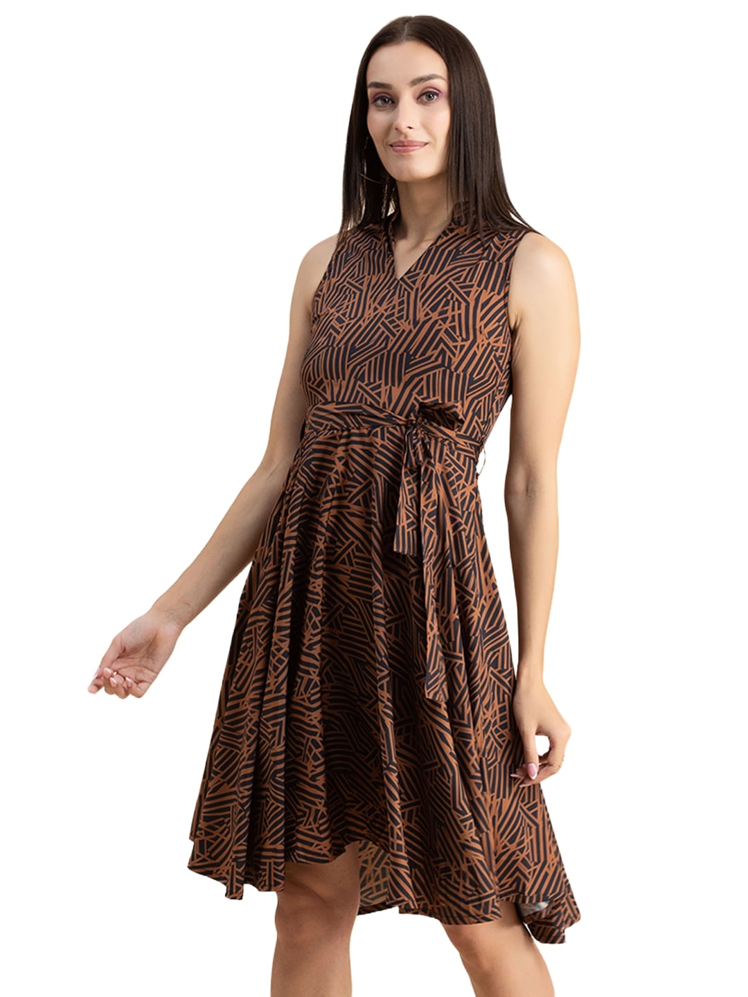 V Neck Printed Dress, Knee