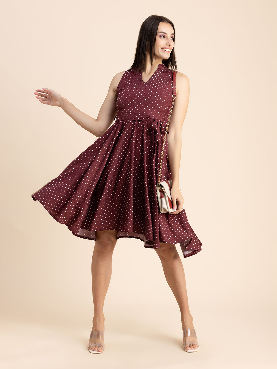 V Neck Printed Dress, Knee