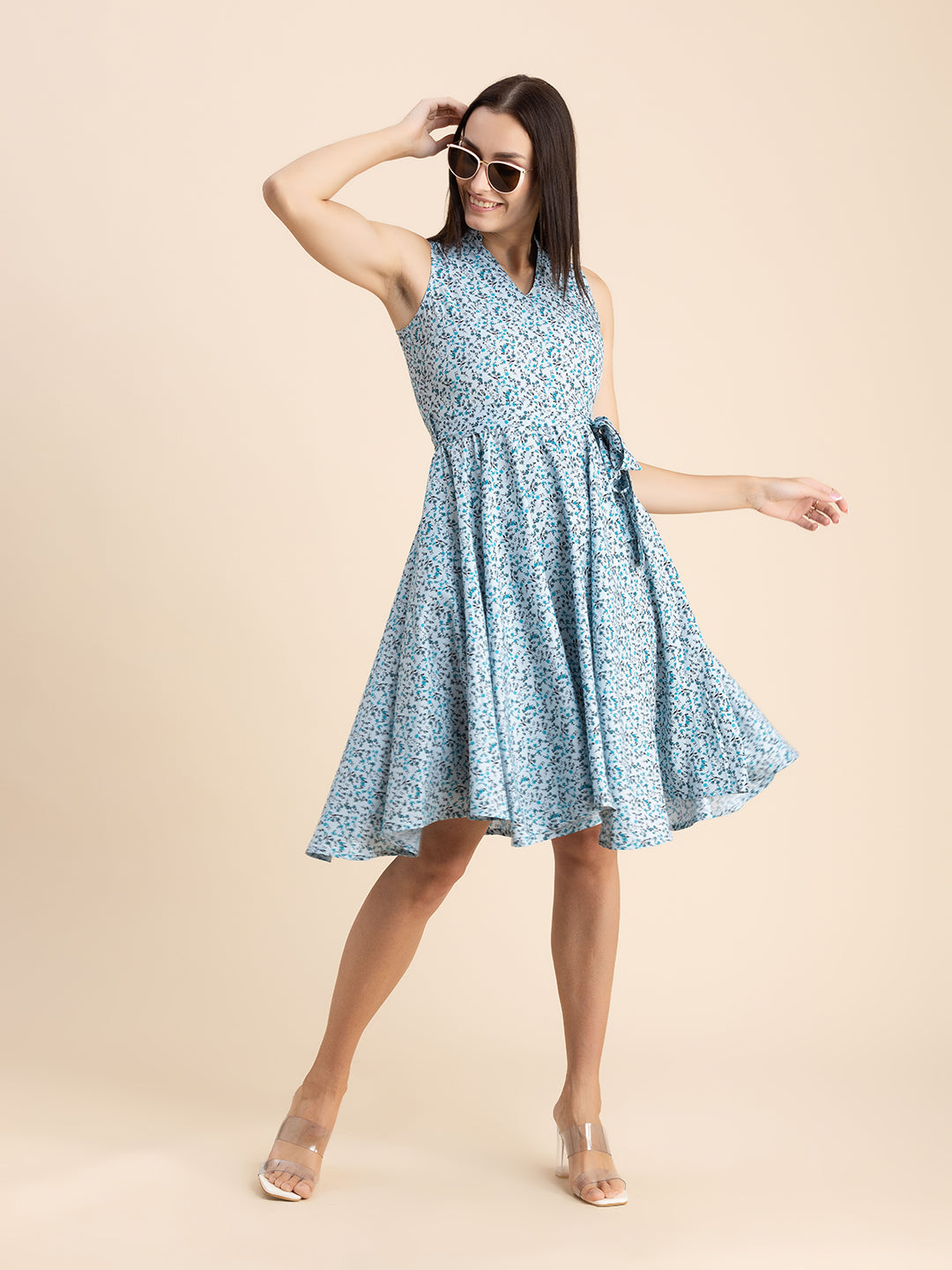V Neck Printed Dress, Knee