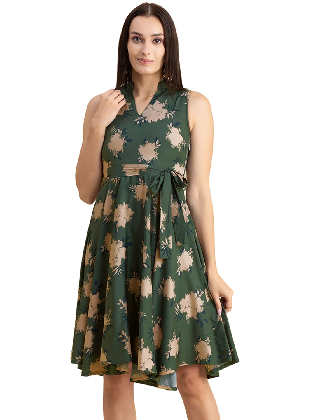 V Neck Printed Dress, Knee