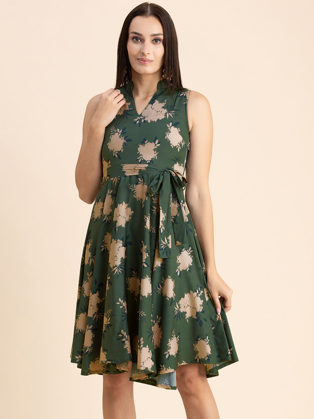 V Neck Printed Dress, Knee