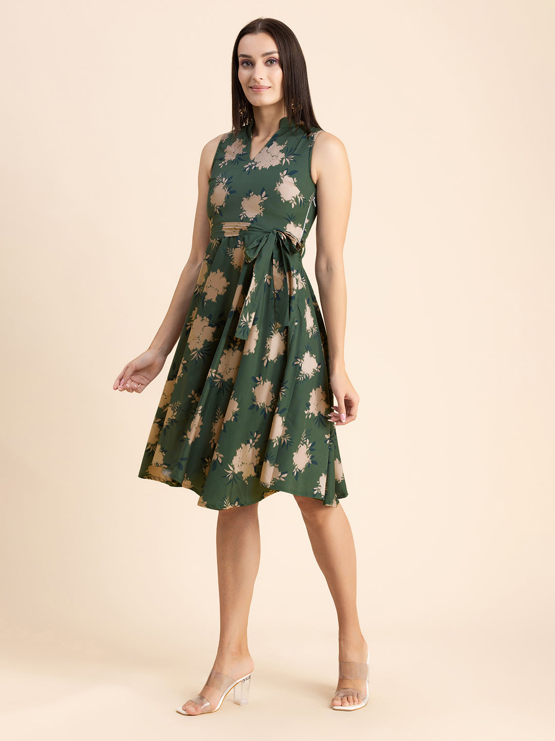 V Neck Printed Dress, Knee