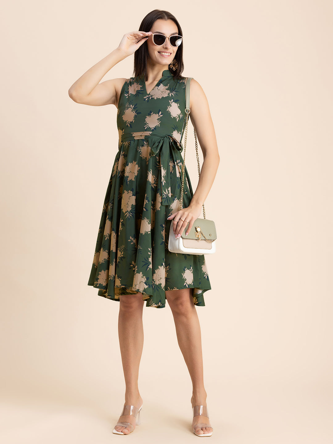 V Neck Printed Dress, Knee