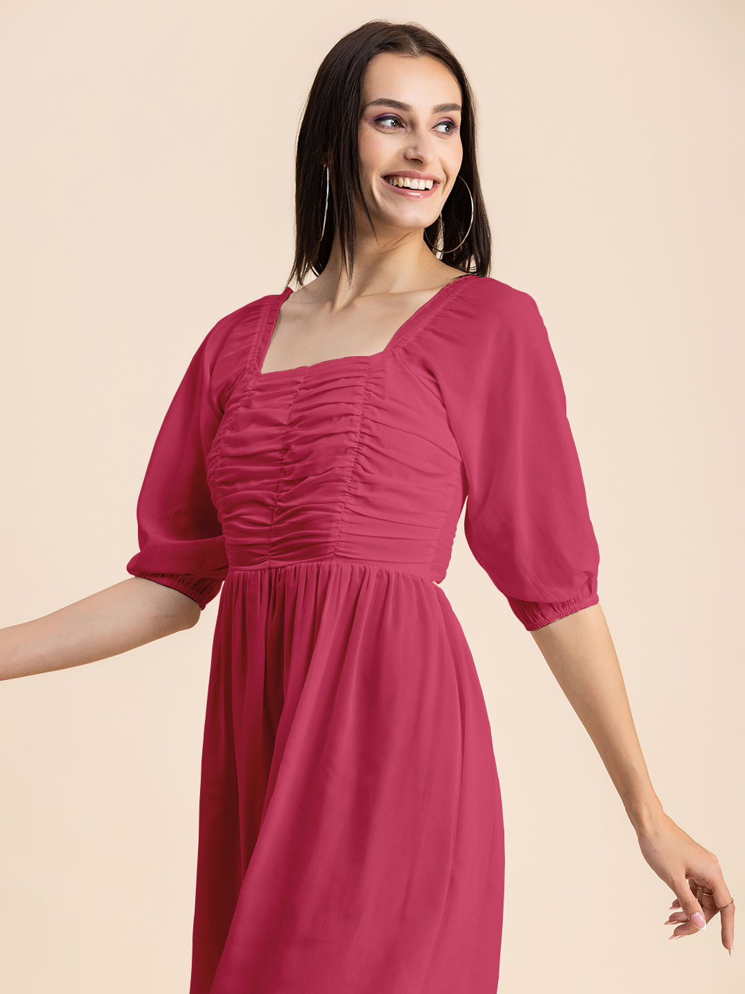 Solid Ruched Midi Dress