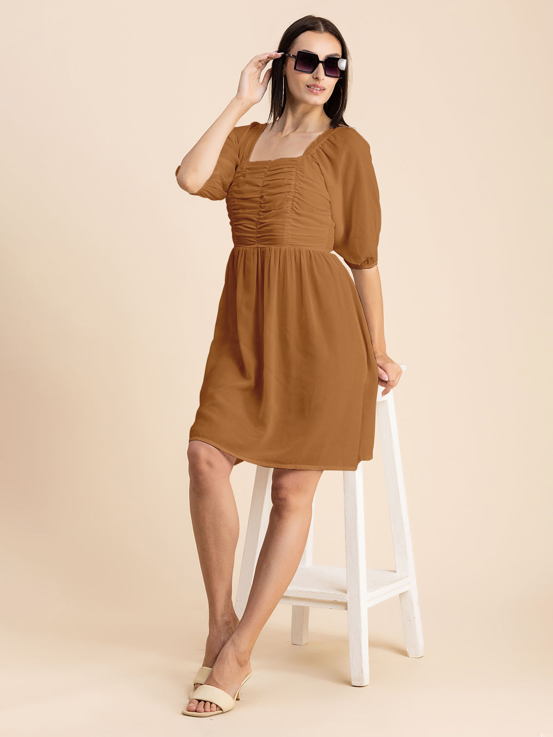 Solid Ruched Midi Dress