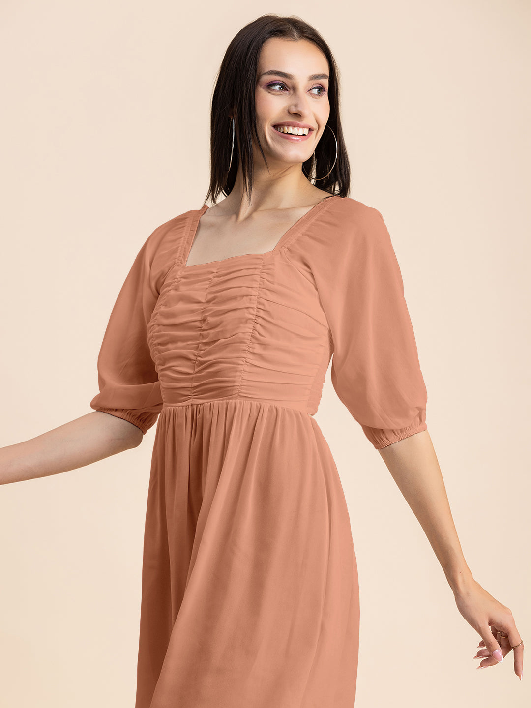 Solid Ruched Midi Dress