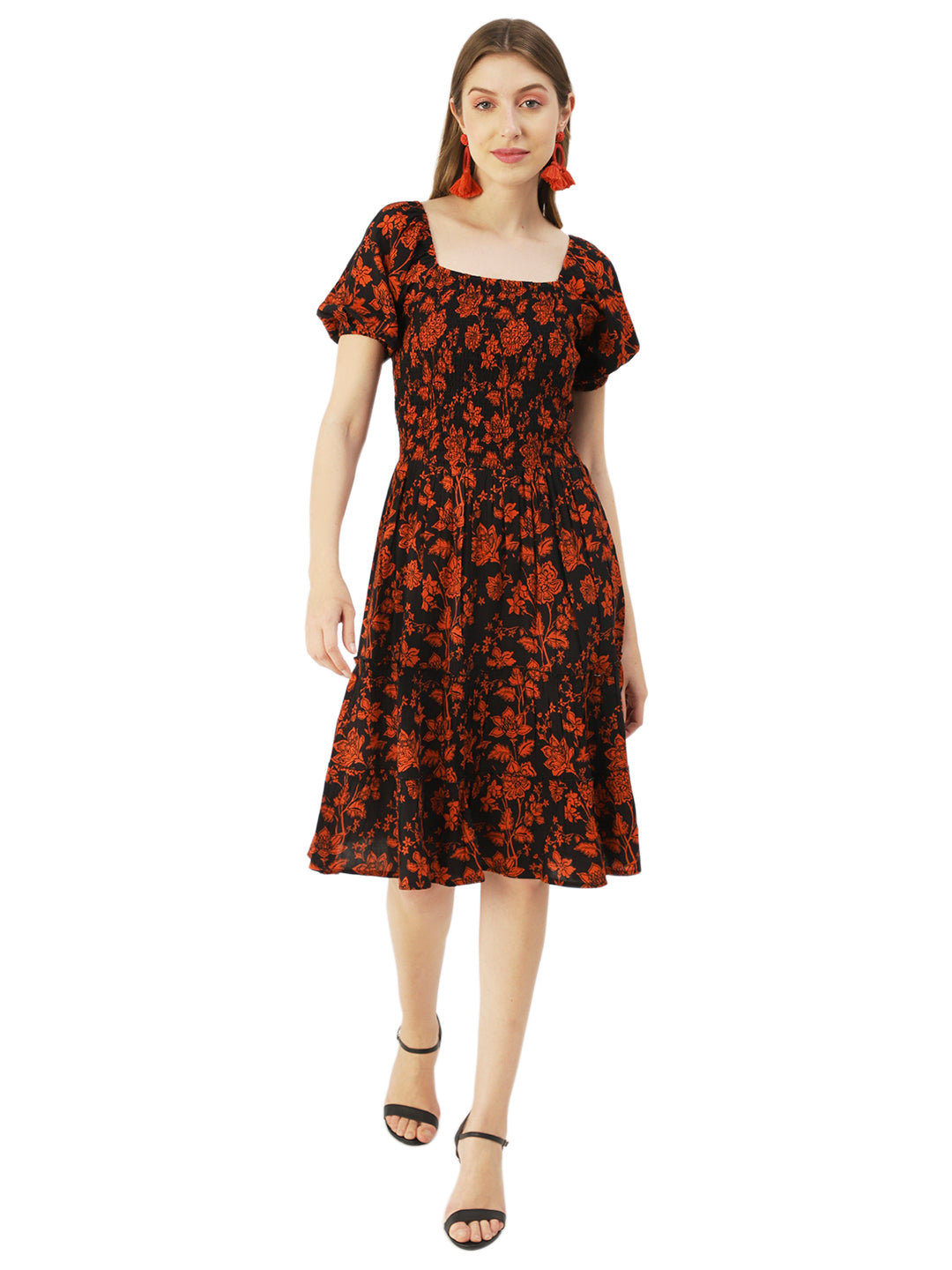 Square Neck Tiered Dress, Flared