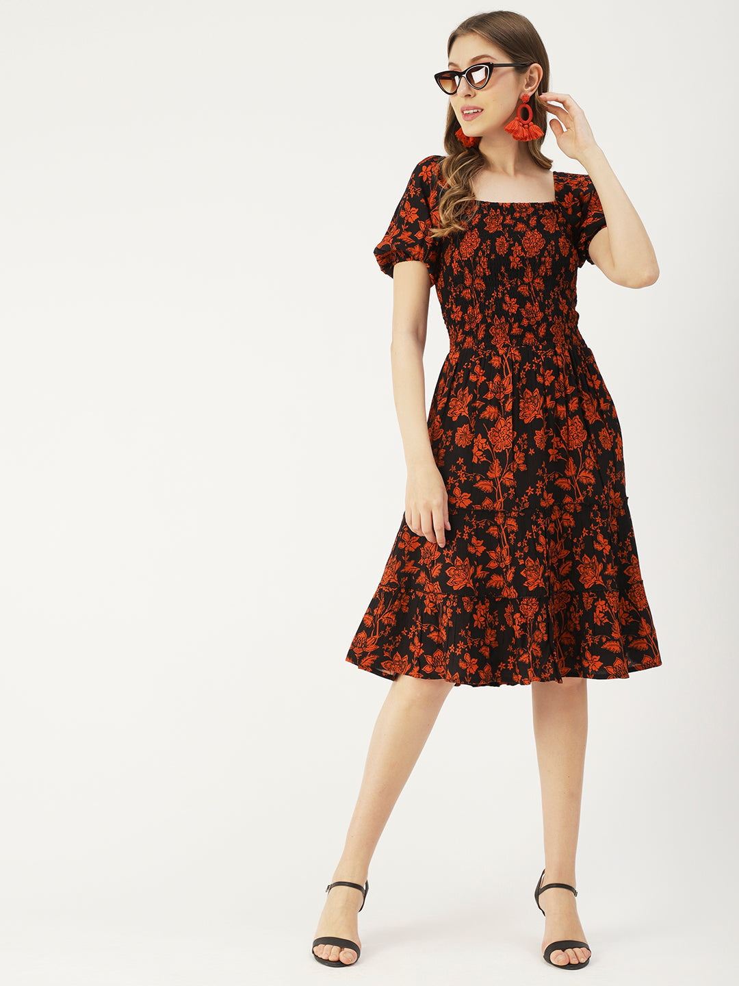 Square Neck Tiered Dress, Flared