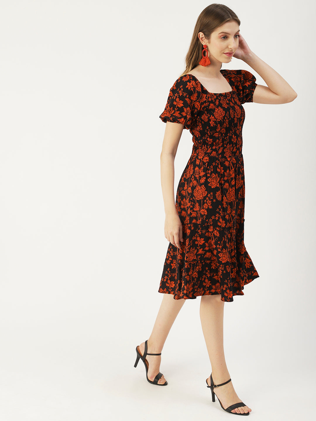 Square Neck Tiered Dress, Flared