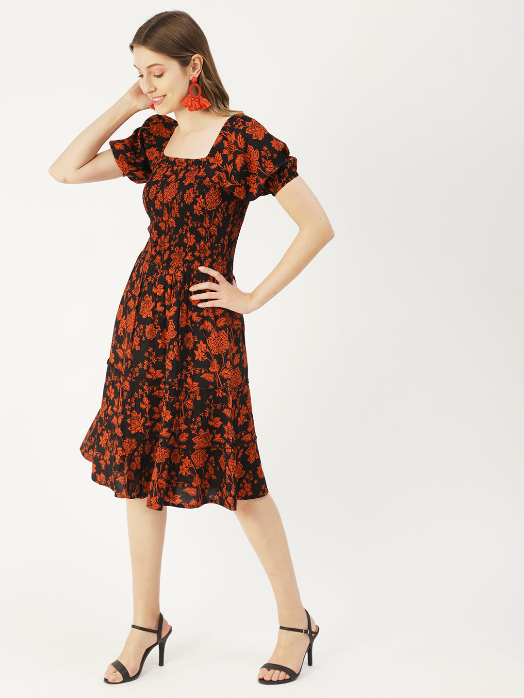 Square Neck Tiered Dress, Flared