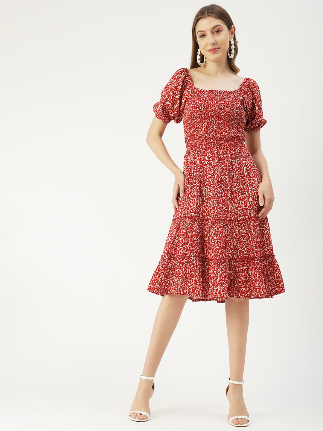 Square Neck Tiered Dress, Flared