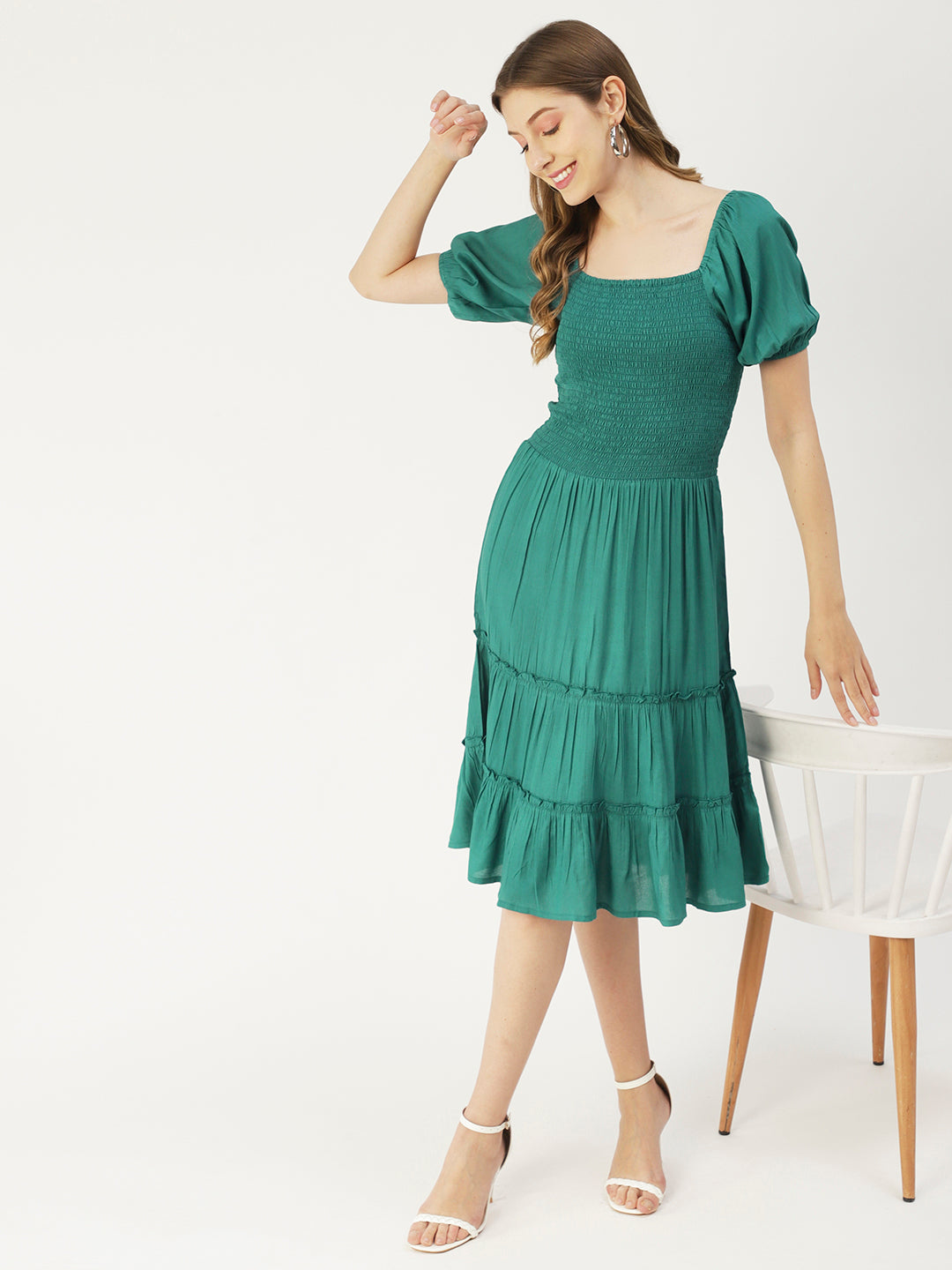 Square Neck Tiered Dress, Flared