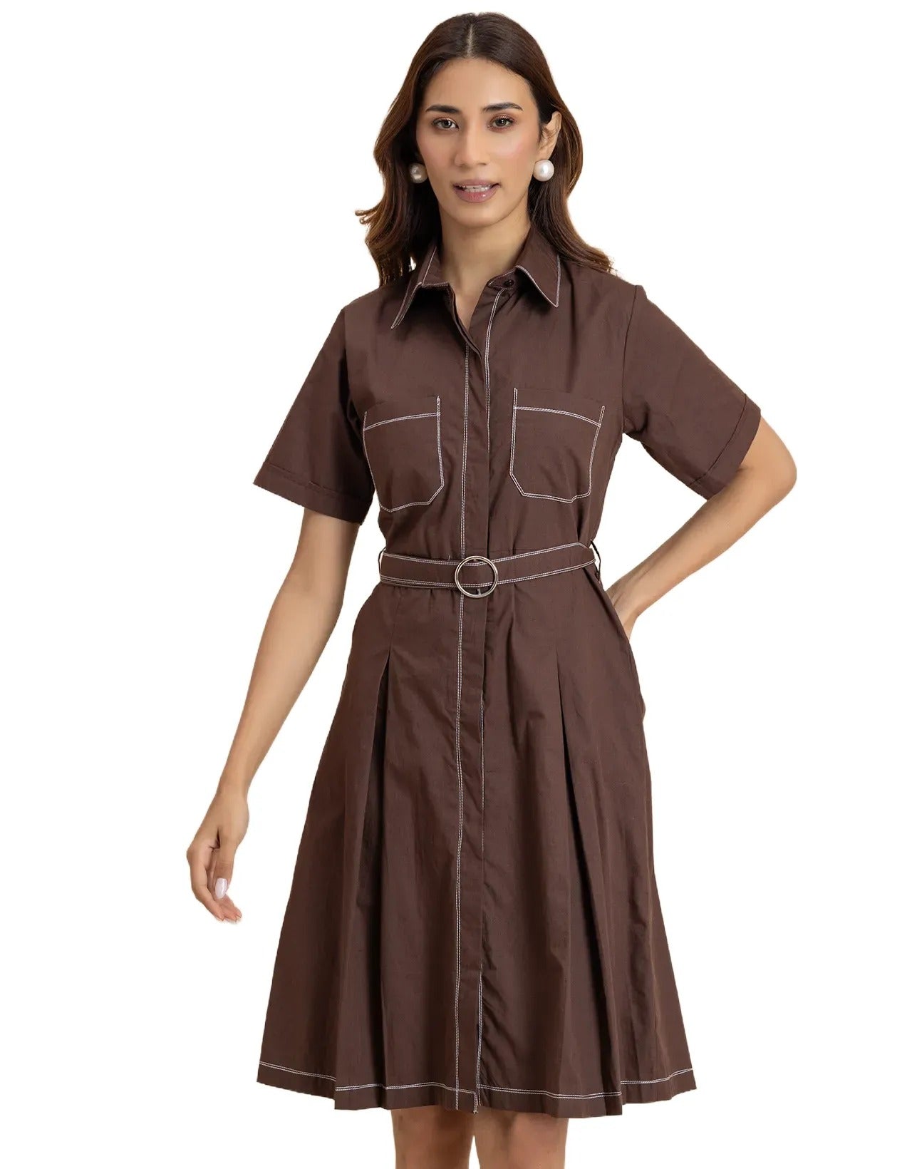 Women's Short Sleeve Classic Collar Formal Cotton Dress