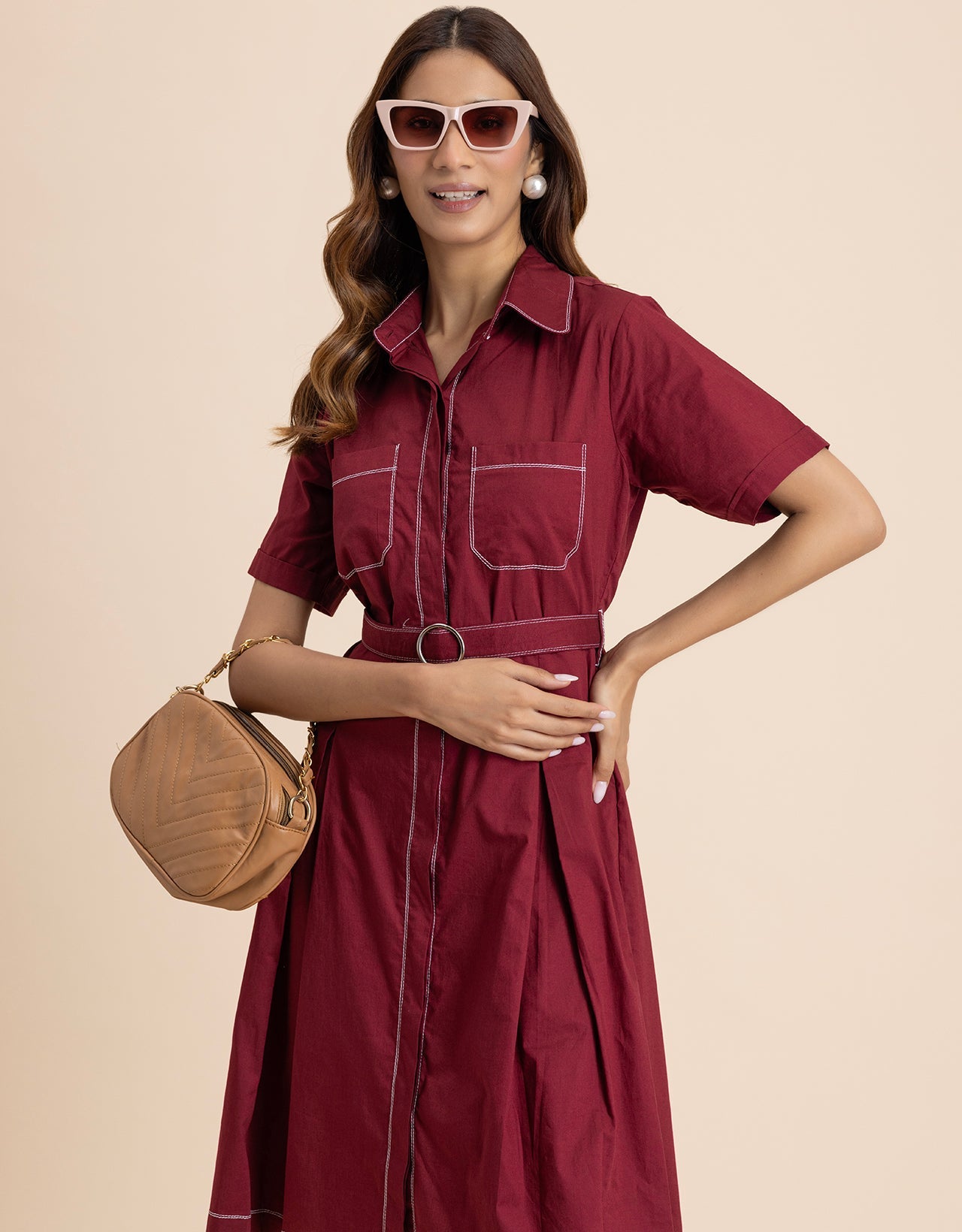 Women's Short Sleeve Classic Collar Formal Cotton Dress