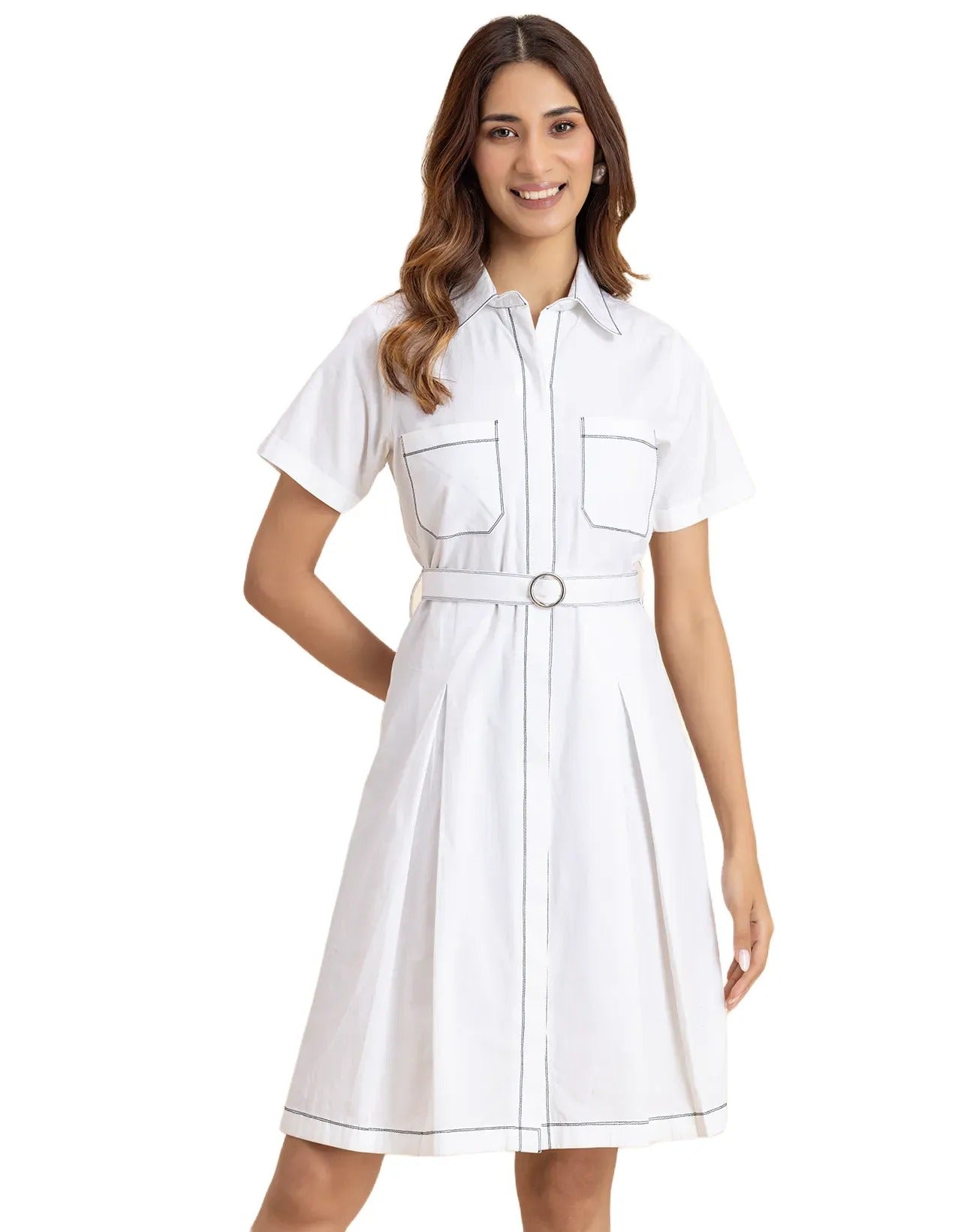 Women's Short Sleeve Classic Collar Formal Cotton Dress