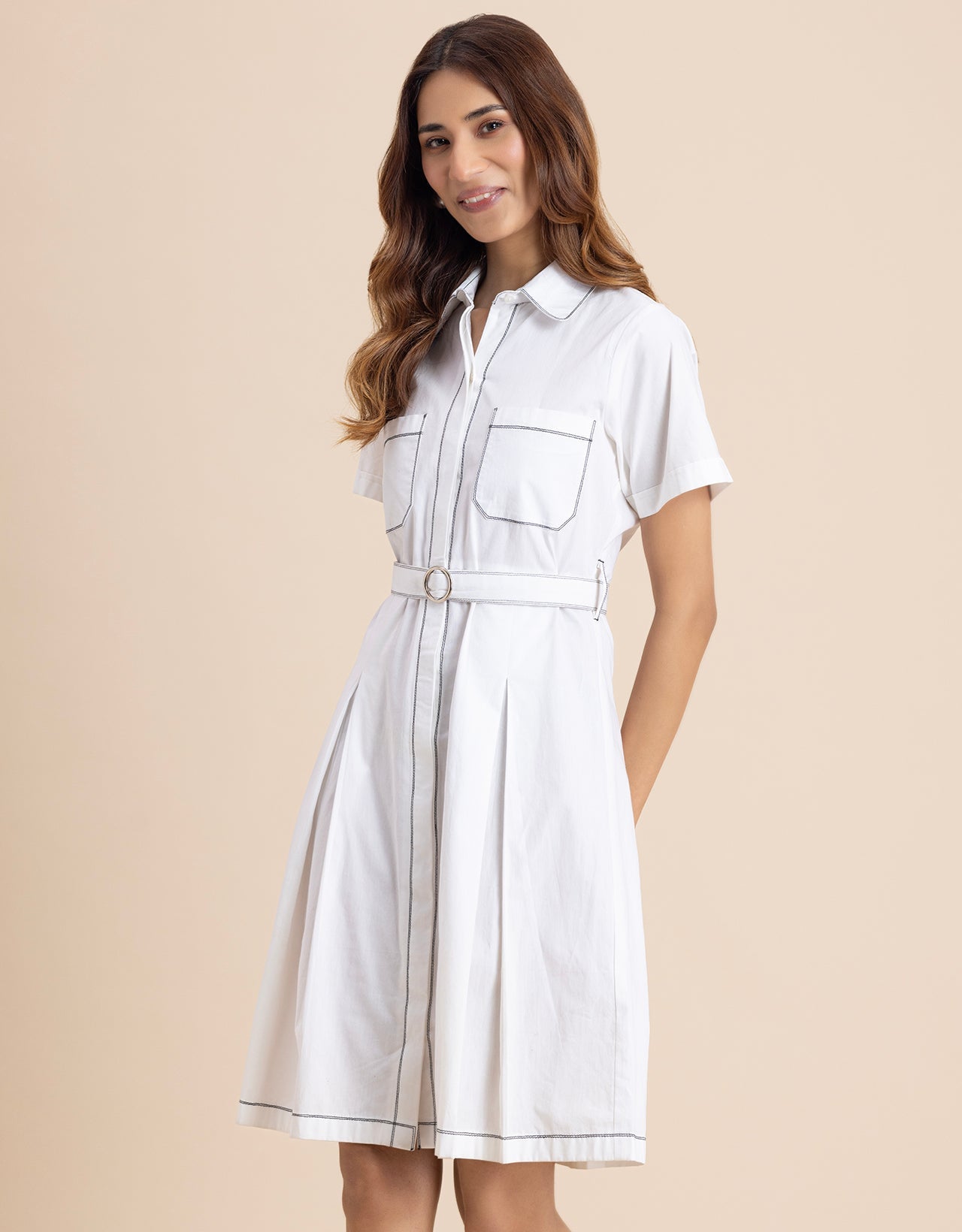 Women's Short Sleeve Classic Collar Formal Cotton Dress